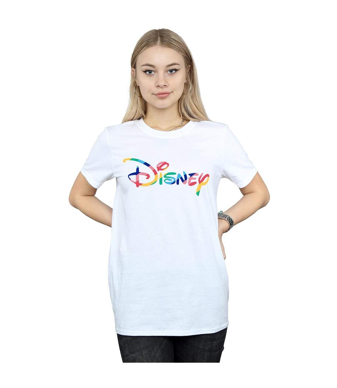 Disney T-shirt boyfriend en coton à logo arc-en-ciel pour femmes et hommes (Blanc) - UTBI37985-2