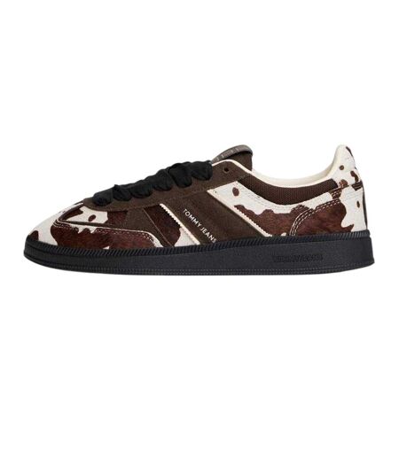 Womens/ladies Greenwich Cow Print Leather Trainers Dark Coffee Tommy Jeans