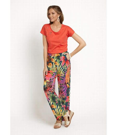 Pantalon fluide stretch, fleuri tropical