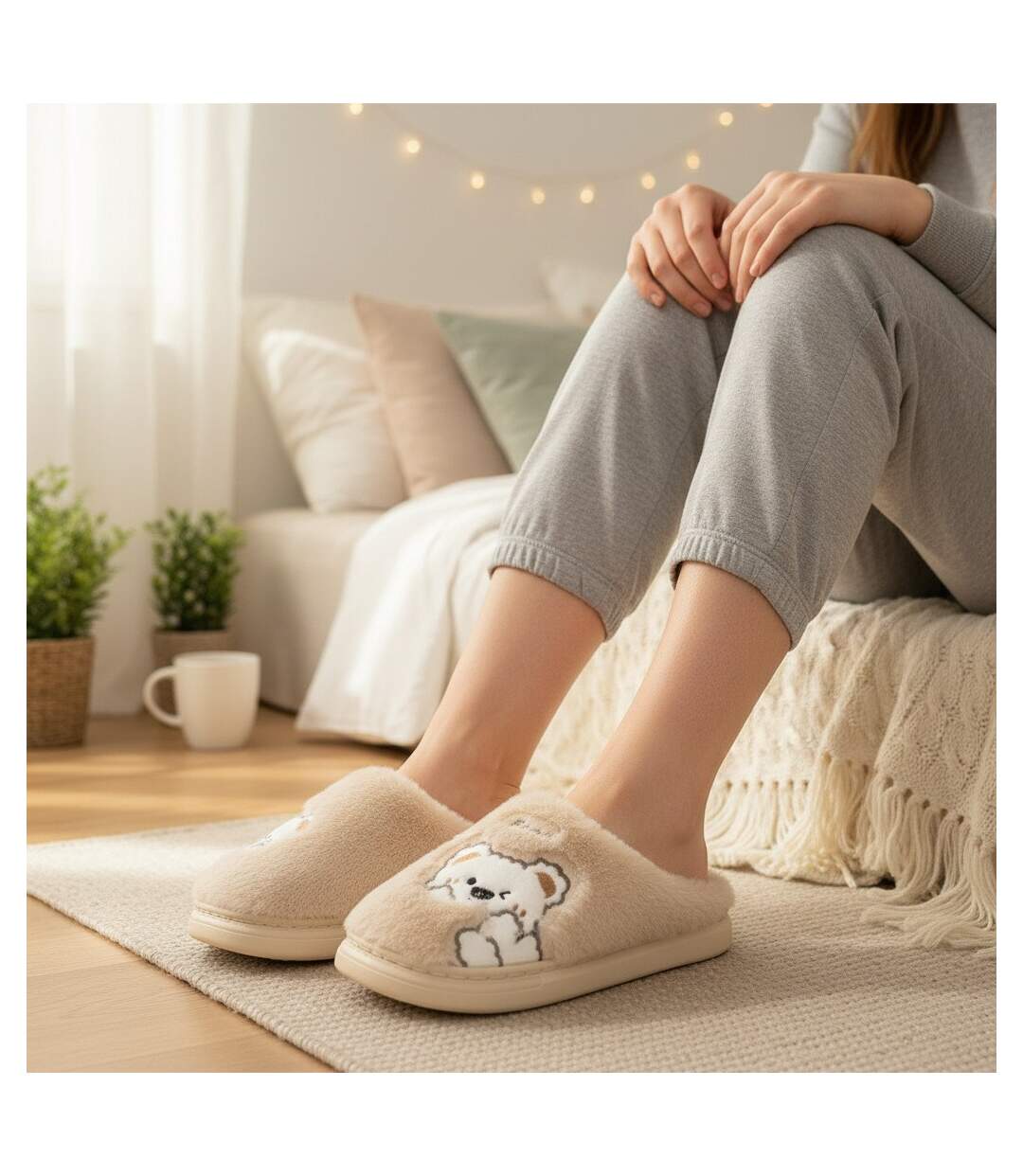 OZABI Pantoufles Ouvertes Femme, Fourrure Synthétique, Ours Brodé-2