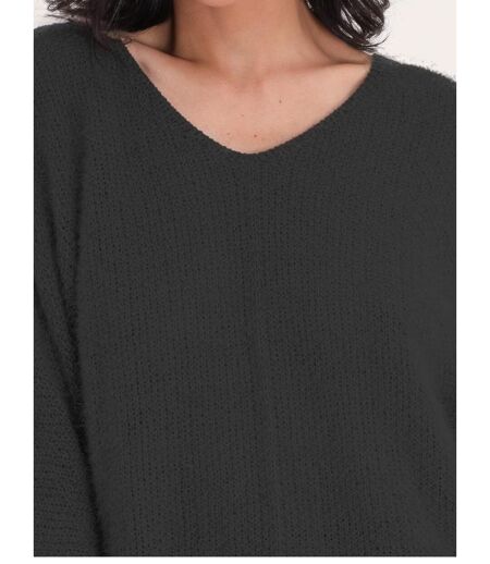 Pull femme manches 3/4 - Couleur noir - Col en pointe