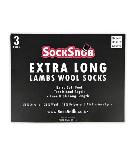 3 Pack Mens Extra Long Knee High Argyle Lambs Wool Socks