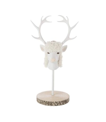 Tête de Cerf sur Socle Imitation Fourrure 52cm Écru