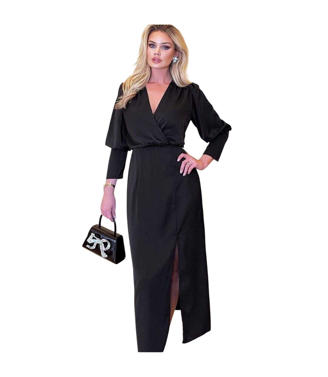 Womens/ladies Long-sleeved Formal Wrap Dress Black Ax-3