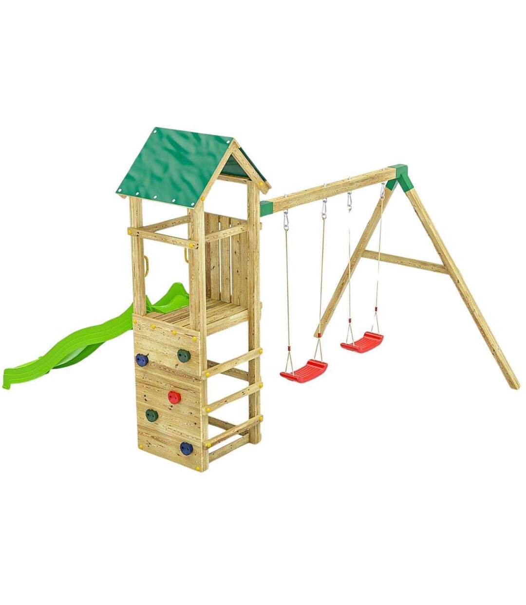 Structure de jeux en bois avec toboggan et balançoire double Charly