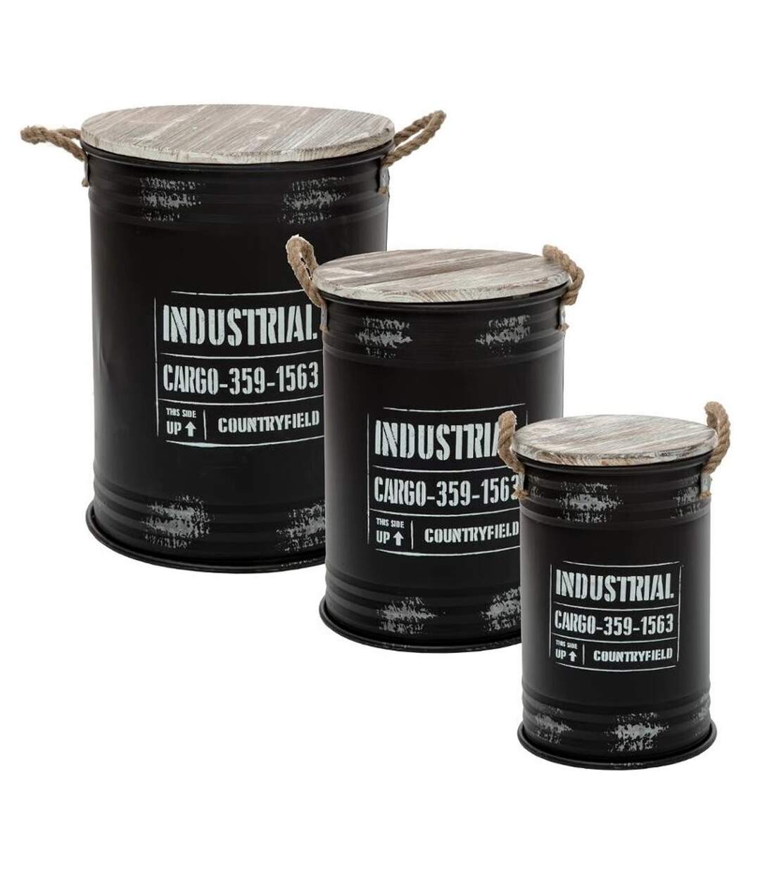 Lot de 3 Coffres Bidon Design Indus 51cm Noir-1