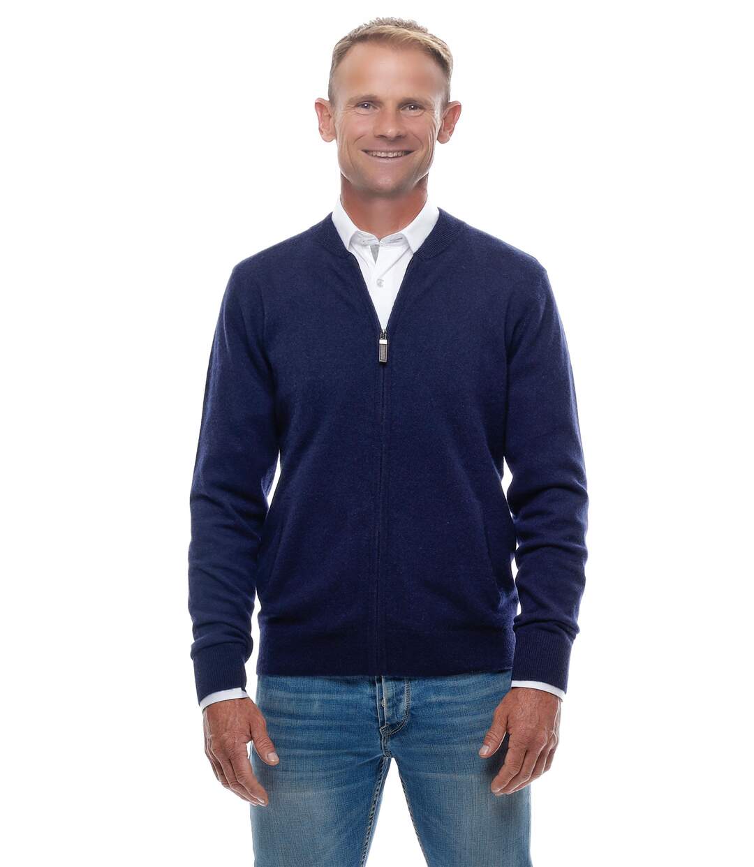 Gilet Zippé Col Teddy 100% Cachemire Bleu