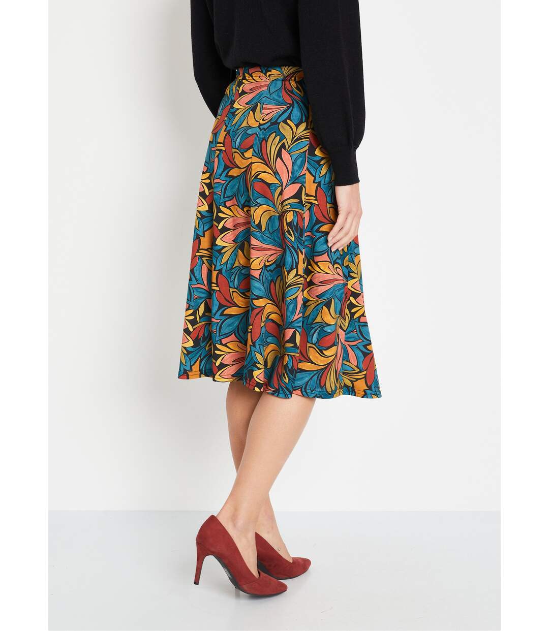 Jupe évasée mi longue imprimée taille élastiquée-2