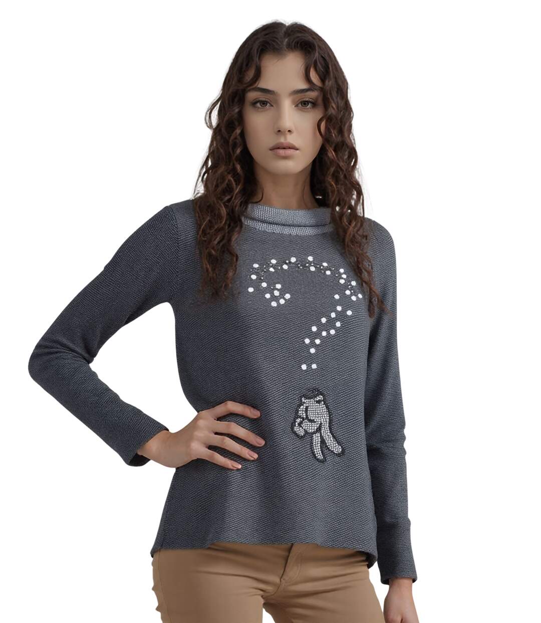 Pull Femmes Long Manches Gris avec Col Rond et Détails en Strass-1