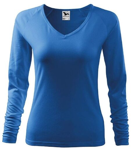 T-shirt col V - Extensible - Manches longues - Femme - MF127 - bleu azur