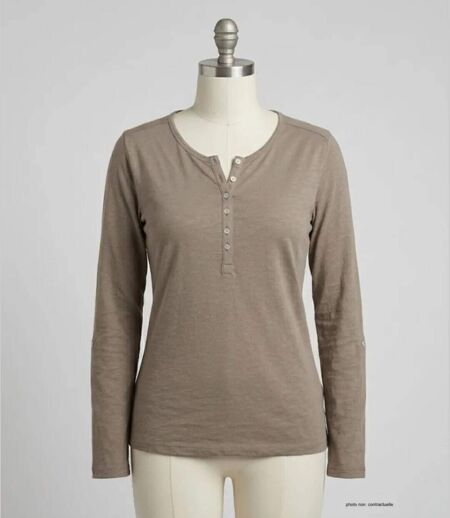 MAYFLOWER NINON3 : Tee-shirt manches longues taupe en coton flammé avec patte boutonnée