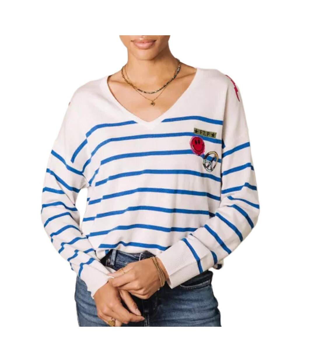 Pull blanc à rayures bleu femme freeman porter isabel stripes-1