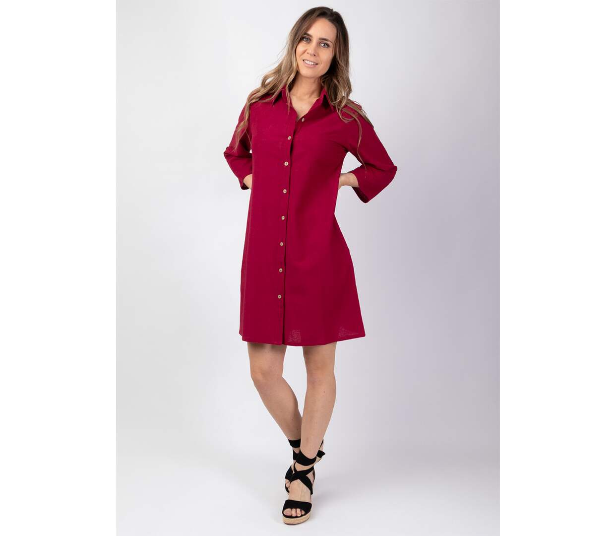 Robe chemise boutonnée CLAUDINE framboise Coton Du Monde-2