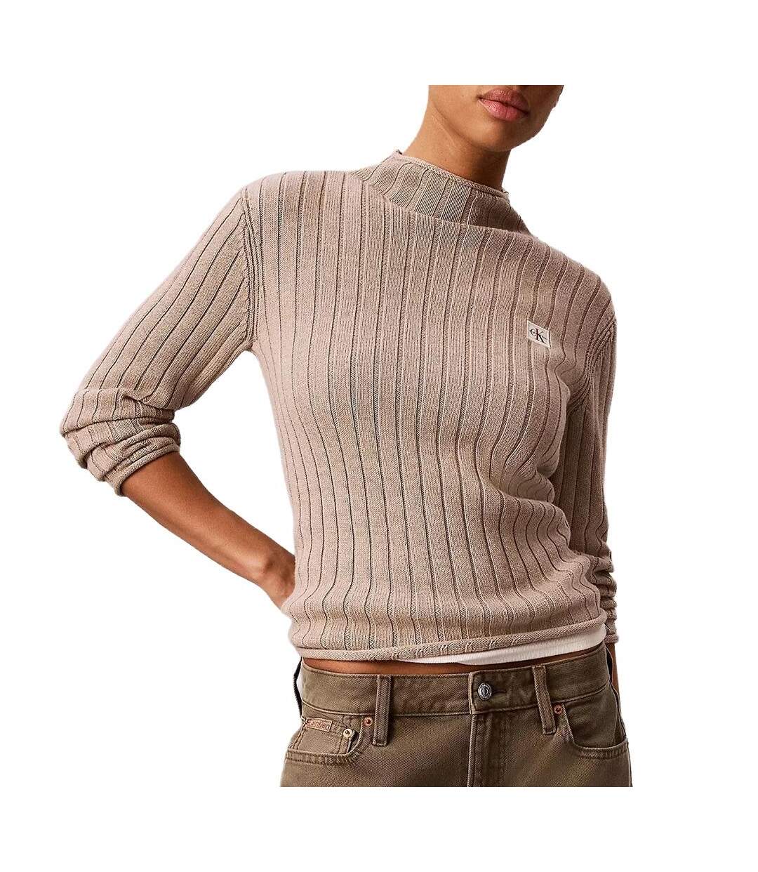 Pull beige foncé femme calvin klein jeans woven label-1