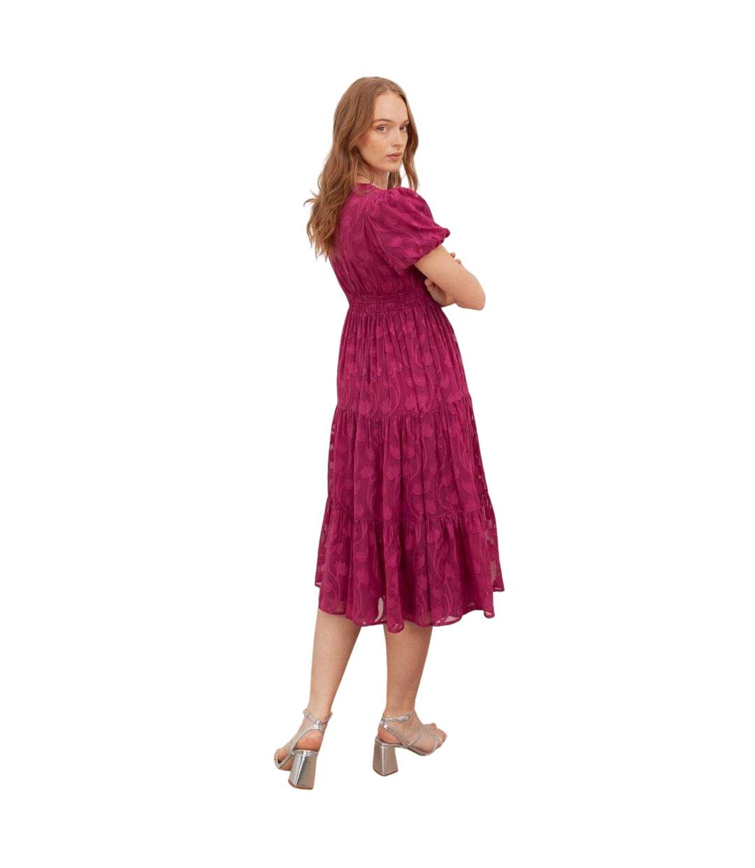Robe Mi-longue Manches Bouffantes Motif/style Floral En Relief Femme Fuchsia Lovedrobe-2