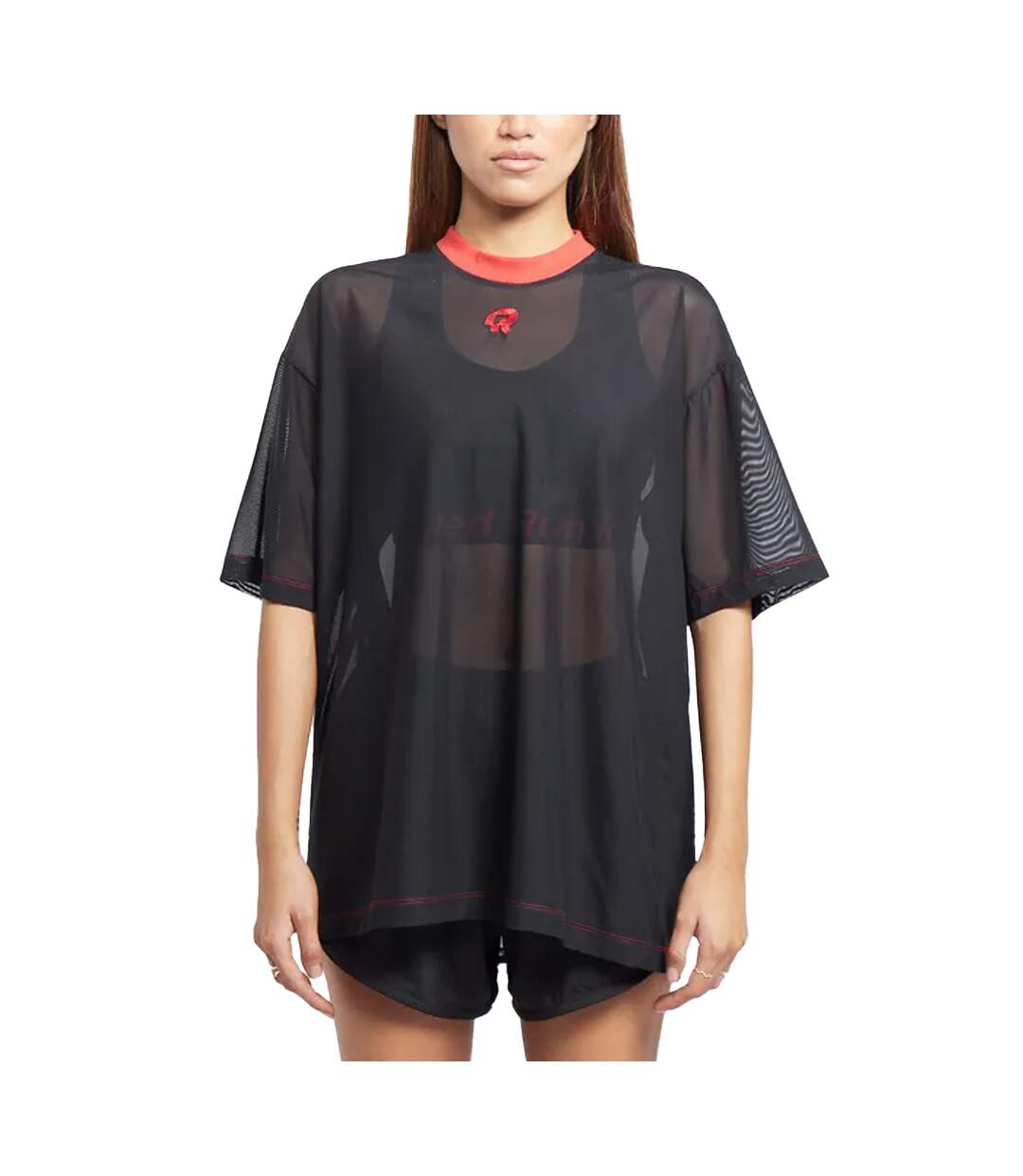 Womens/ladies Inky Mesh Oversized T-shirt Black Red Run-1