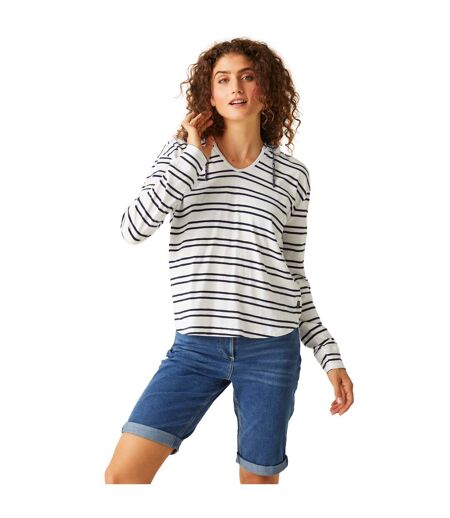 Womens/ladies Minerve Stripe V Neck Hoodie White Navy Regatta