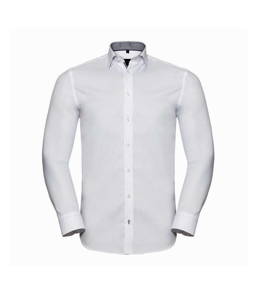 Mens long sleeve contrast herringbone shirt white/silver Russell Collection