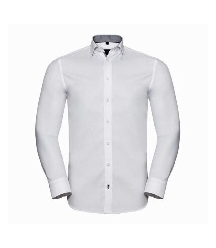 Russell Collection Mens Long Sleeve Contrast Herringbone Shirt (White/Silver)