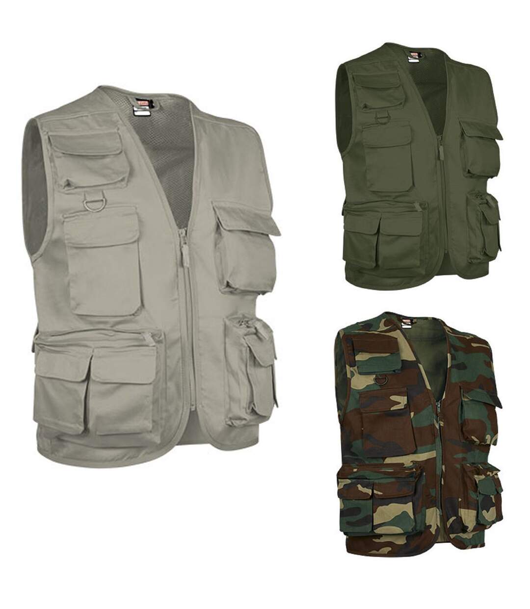 Lot 3 gilets multipoches sans manches - camo vert et beige