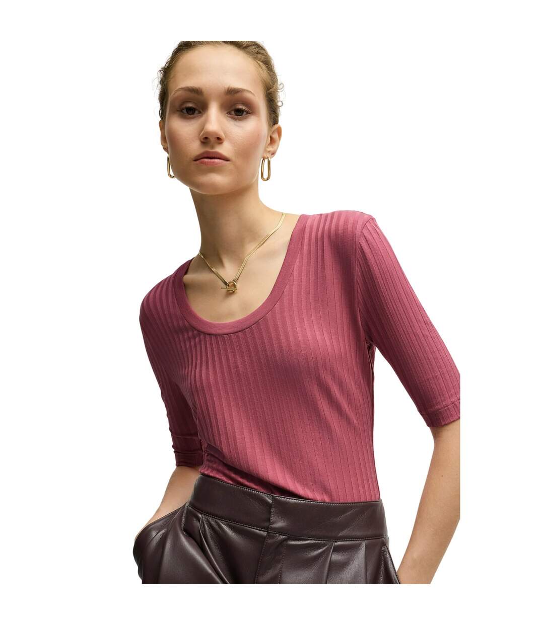 Womens/ladies Effilie Ribbed T-shirt Red Boss-4