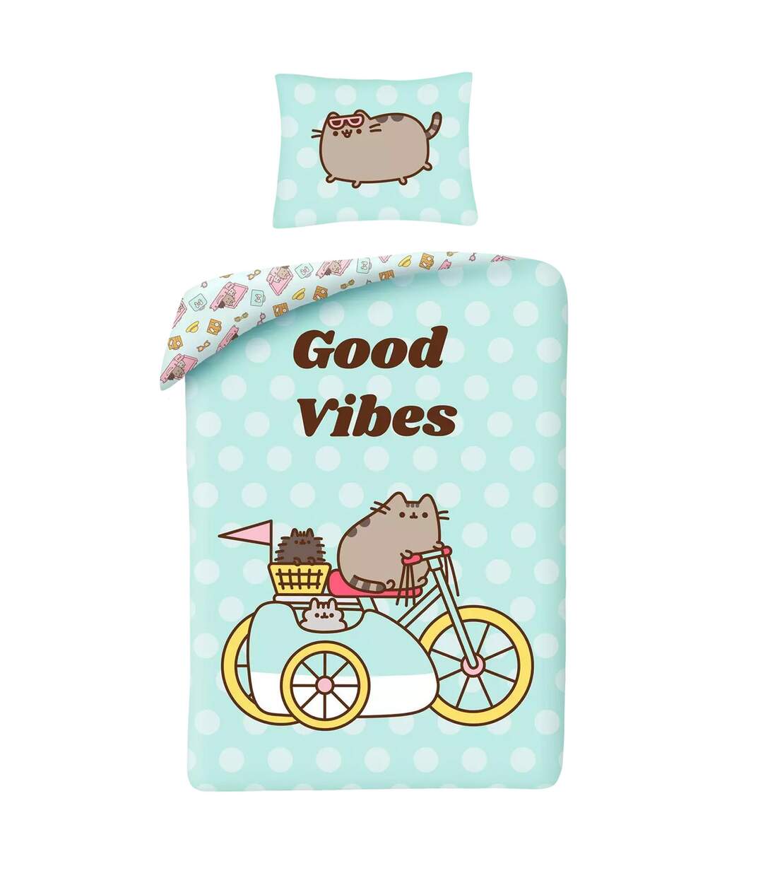 Good vibes cotton duvet cover set mint green Pusheen