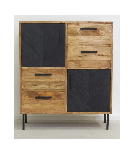 Commode en manguier naturel et teinté noir Damier 2 portes + 4 tiroirs