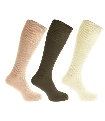 Mens 100% Cotton Ribbed Knee High Socks (Pack Of 3) (Beige/Cream/Green) - UTMB489