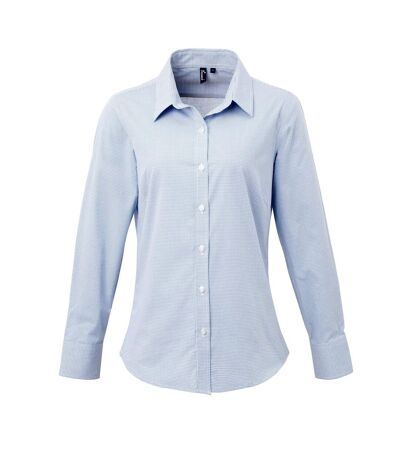 Premier Womens/Ladies Microcheck Long Sleeve Shirt (Light Blue/White)