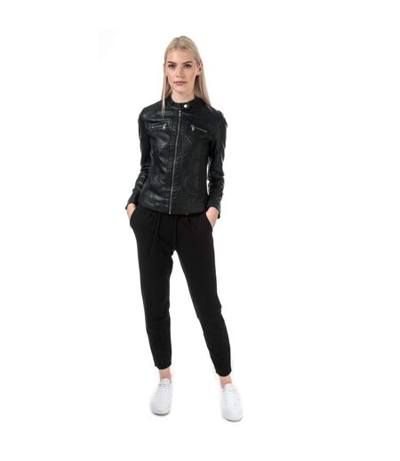 Womens/ladies Bandit Faux Leather Biker Jacket Black Only