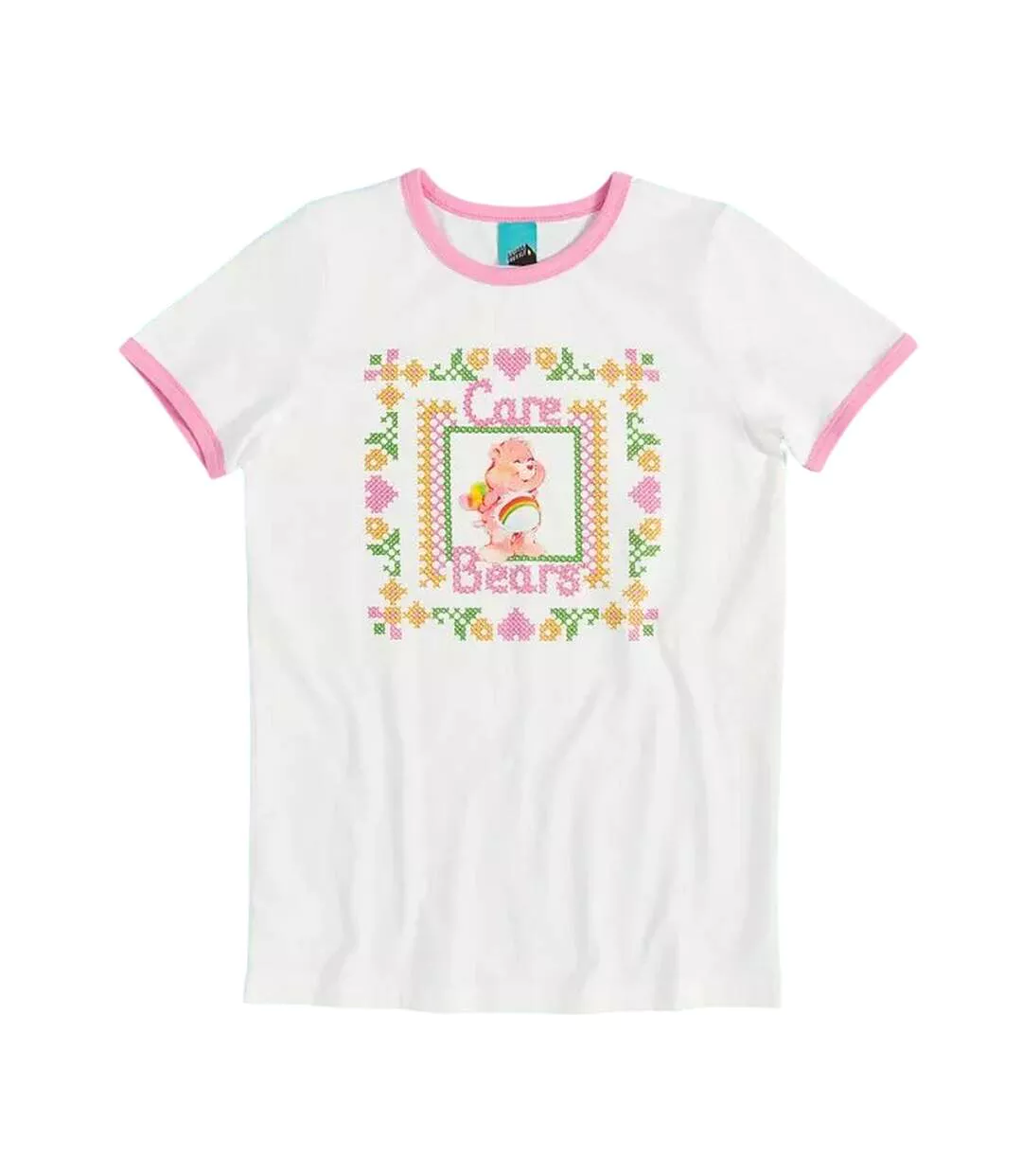 T-shirt Motif/style Point De Croix Et Ringer Adulte Blanc Care Bears-1