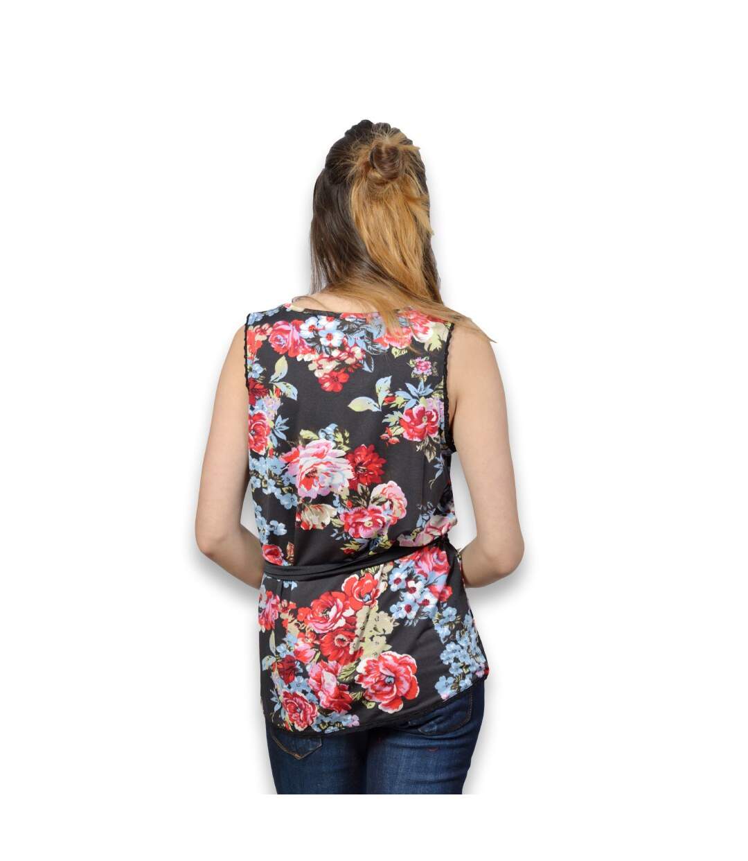 Blouse femme sans manche  à large bretelles - Motif imprimé fleurs - Col rond-2