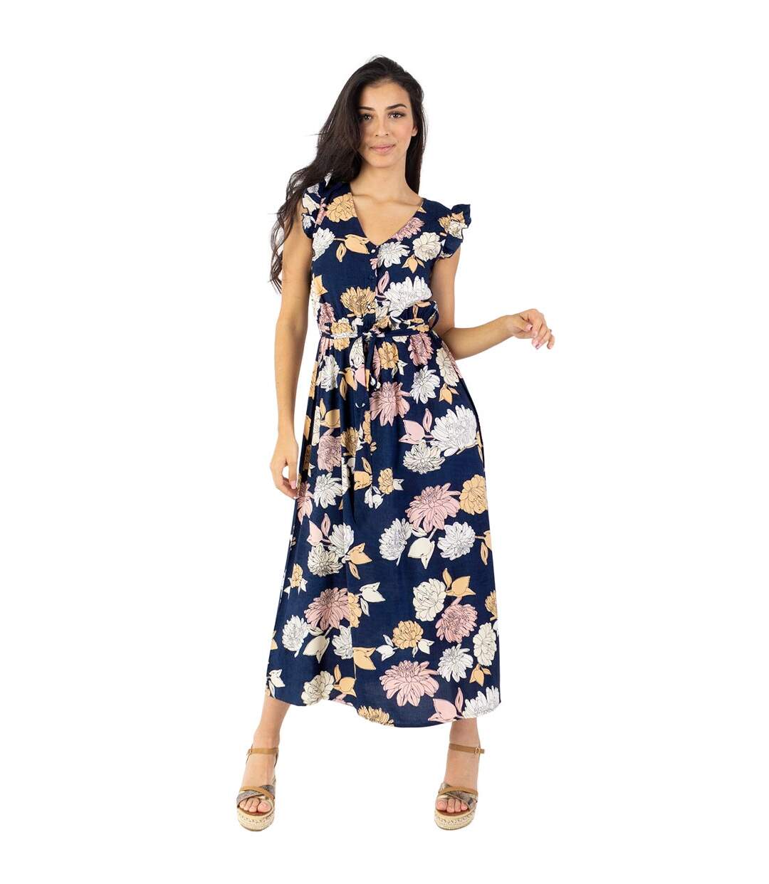 Robe longue manches volantées KAYLA fleurie bleue Coton Du Monde