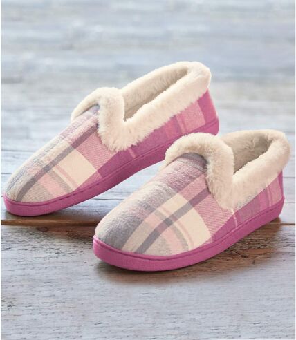 Women's Pink Checked Slippers with Faux-Fur Lining   