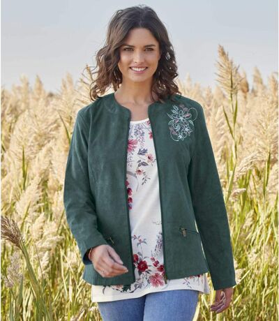 Veste suédine effet daim brodée femme - vert