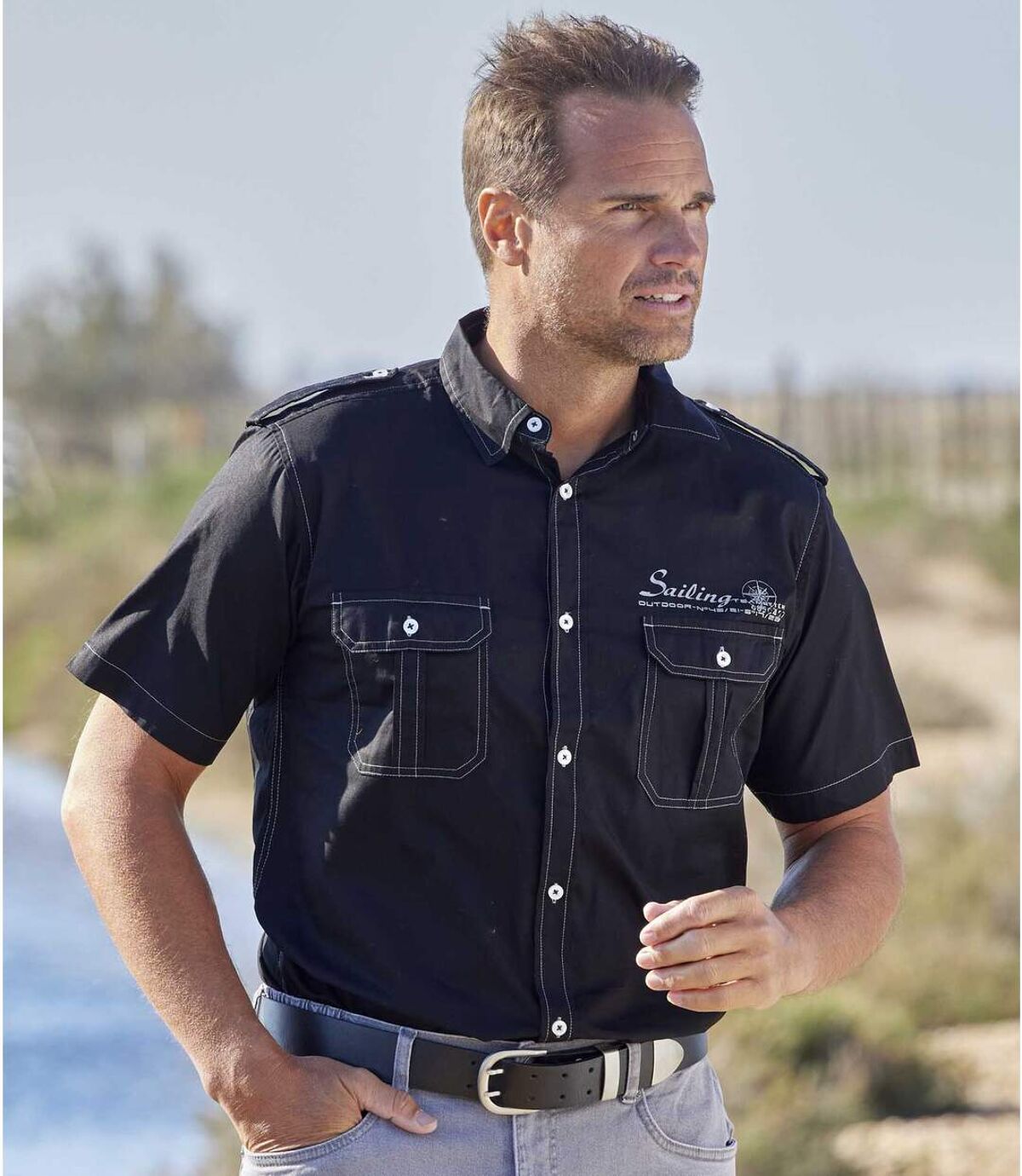 Men's Black Short Sleeve Aviator Shirt - Sailing Print Atlas For Men