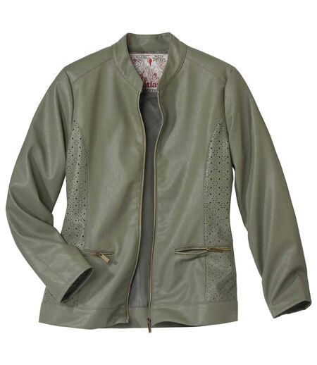 Women's Khaki Faux Leather Jacket - Full Zip
