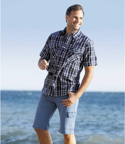 Men's Checked Poplin Short Sleeve Shirt - Blue