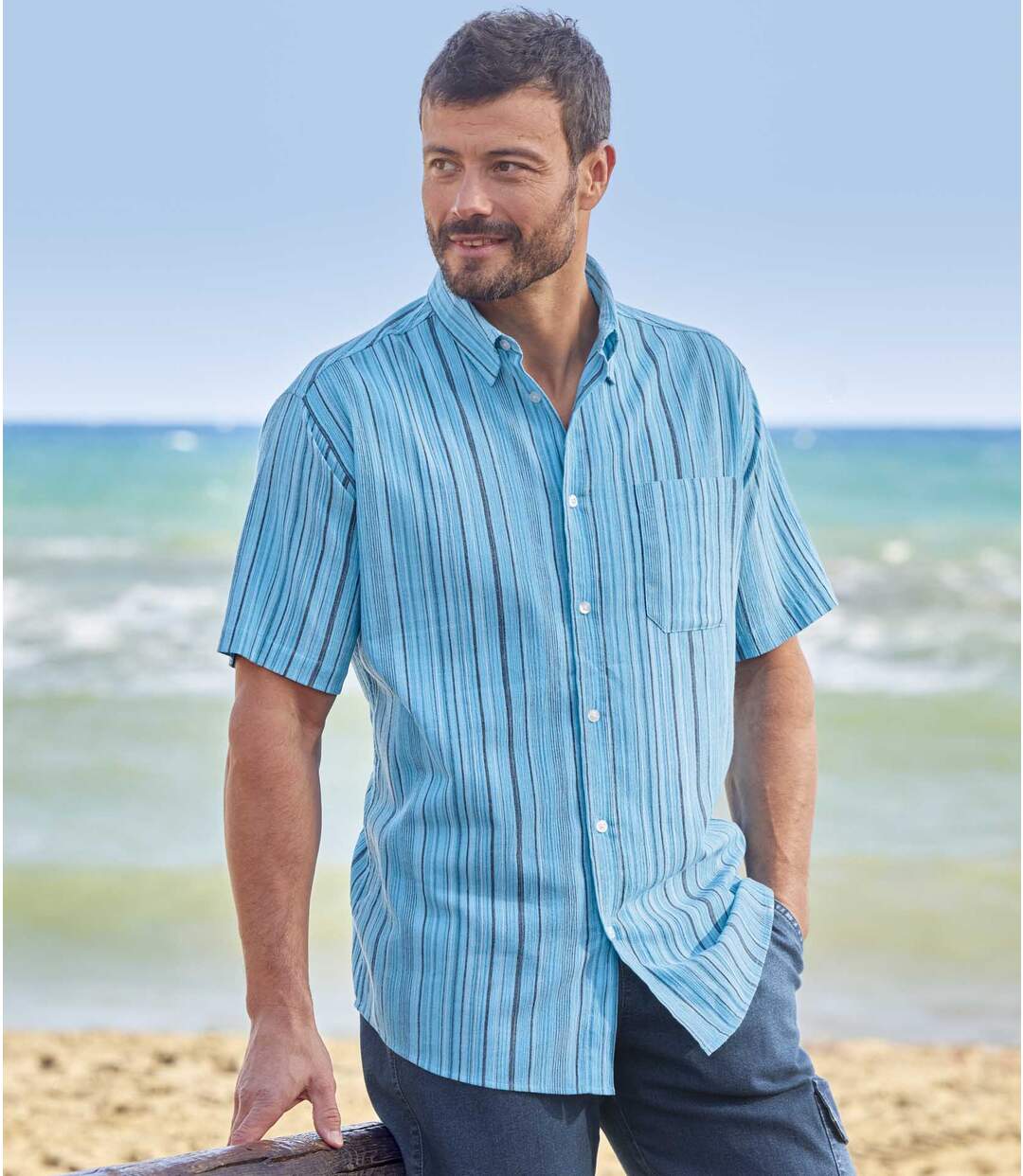 Gestreept overhemd van crepon Blue Mediterranean  Atlas For Men