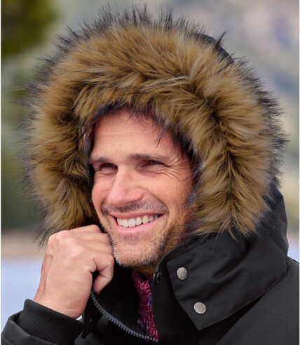 Men's Black Parka with Faux-Fur Hood