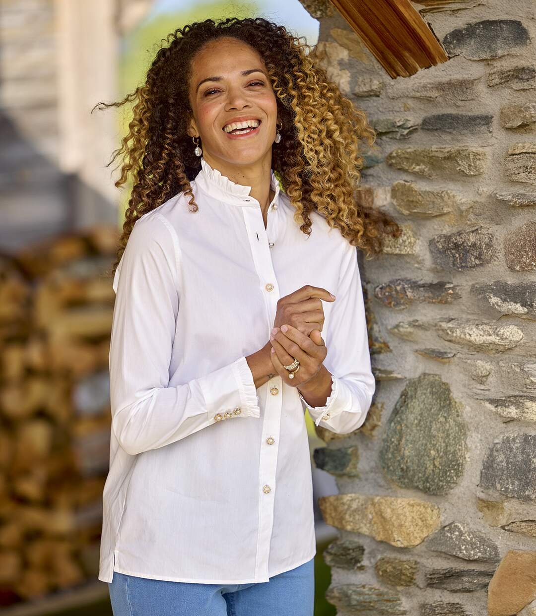 Women's White Blouse with Frilled Details-1