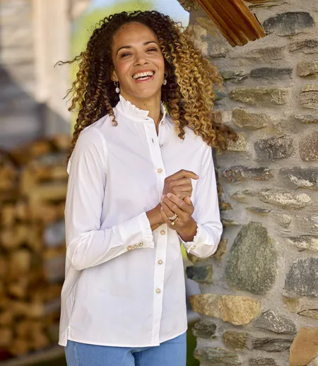Women's White Blouse with Frilled Details