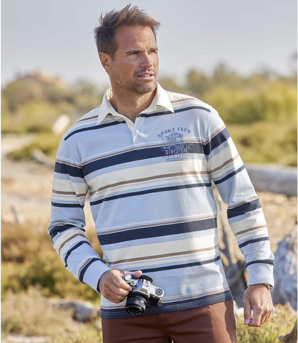 Men's Striped Blue Polo Shirt - Long Sleeves Atlas For Men
