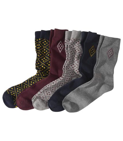 Pack of 5 Pairs of Men's Patterned Socks - Navy Grey Burgundy