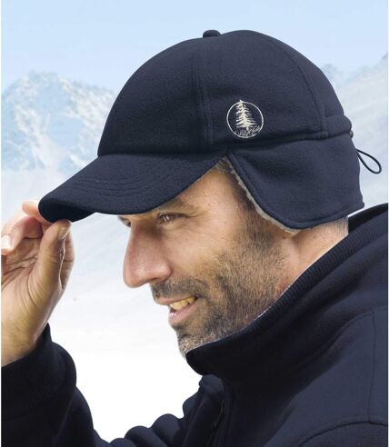 Men's Navy Fleece and Sherpa Cap with Ear Flap - Water-Repellent