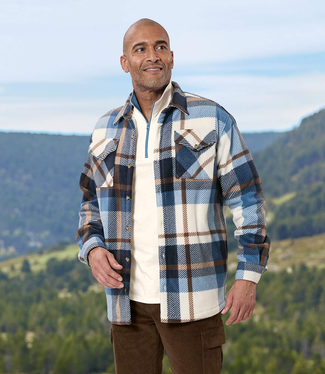 Men's Checked Fleece Jacket - Ecru Navy Brown