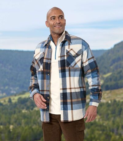 Men's Checked Fleece Jacket - Ecru Navy Brown