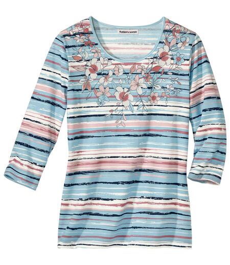 Women's Striped Floral Top - Blue and Pink