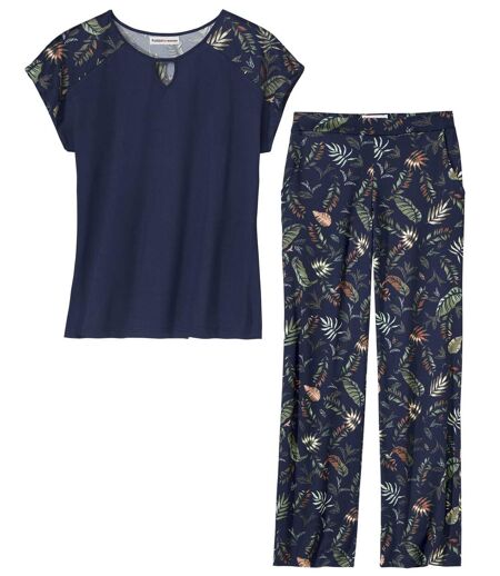 Women's Navy Leaf Print Top & Trouser Set