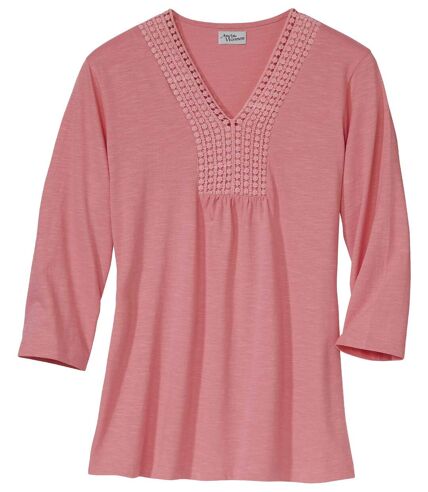 Women's Pink Crochet Detail Top - Three-Quarter Sleeves